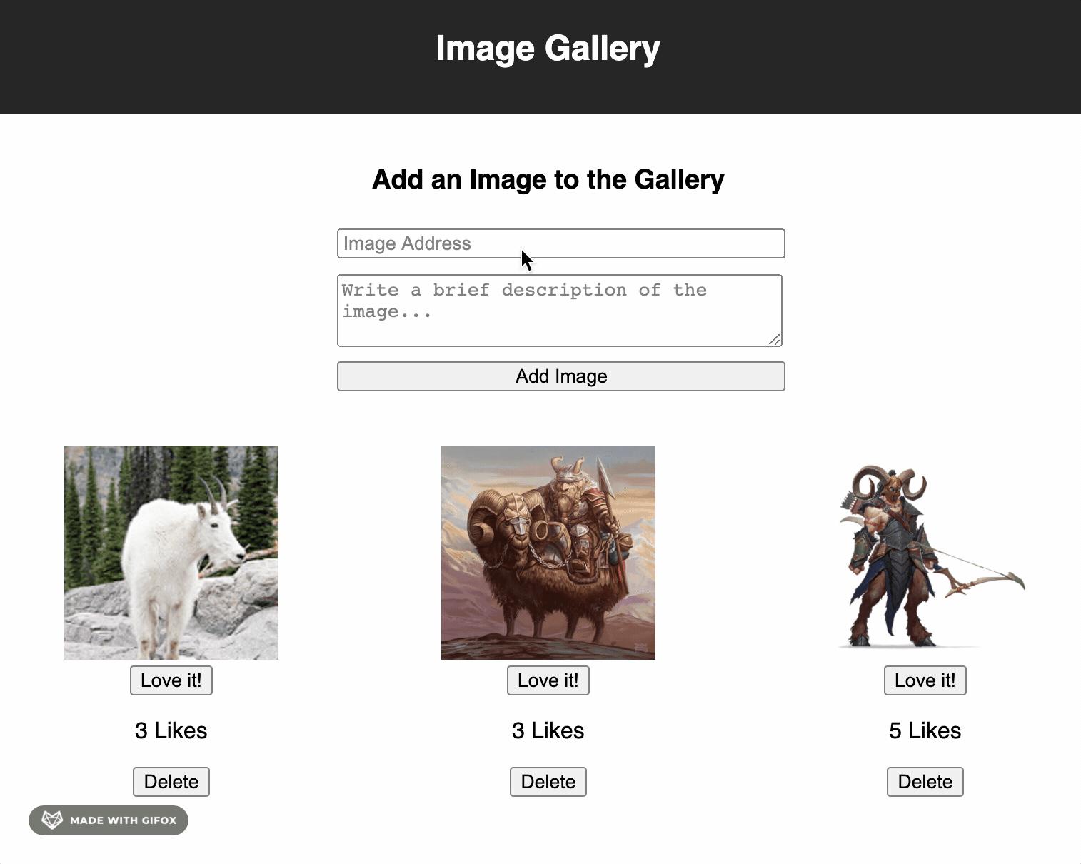 Image Gallery App Form submission on home page.